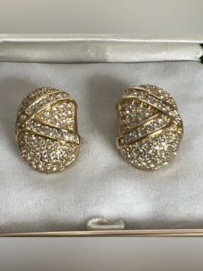 Vintage Christian Dior Classic Wrapped Knot Rhinestone Gold Hoop Clip Earrings